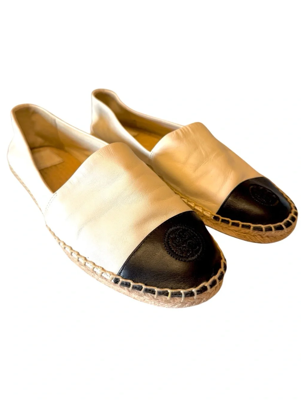 Tory Burch Mestico Espadilles Size 8-1/2 White with Black Toe